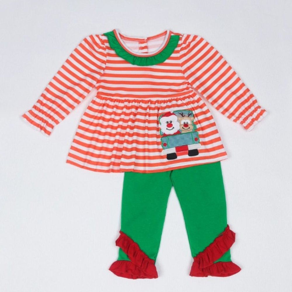 Boutique Girls Christmas Santa Reindeer Ruffle Tunic & Leggings Outfit Set